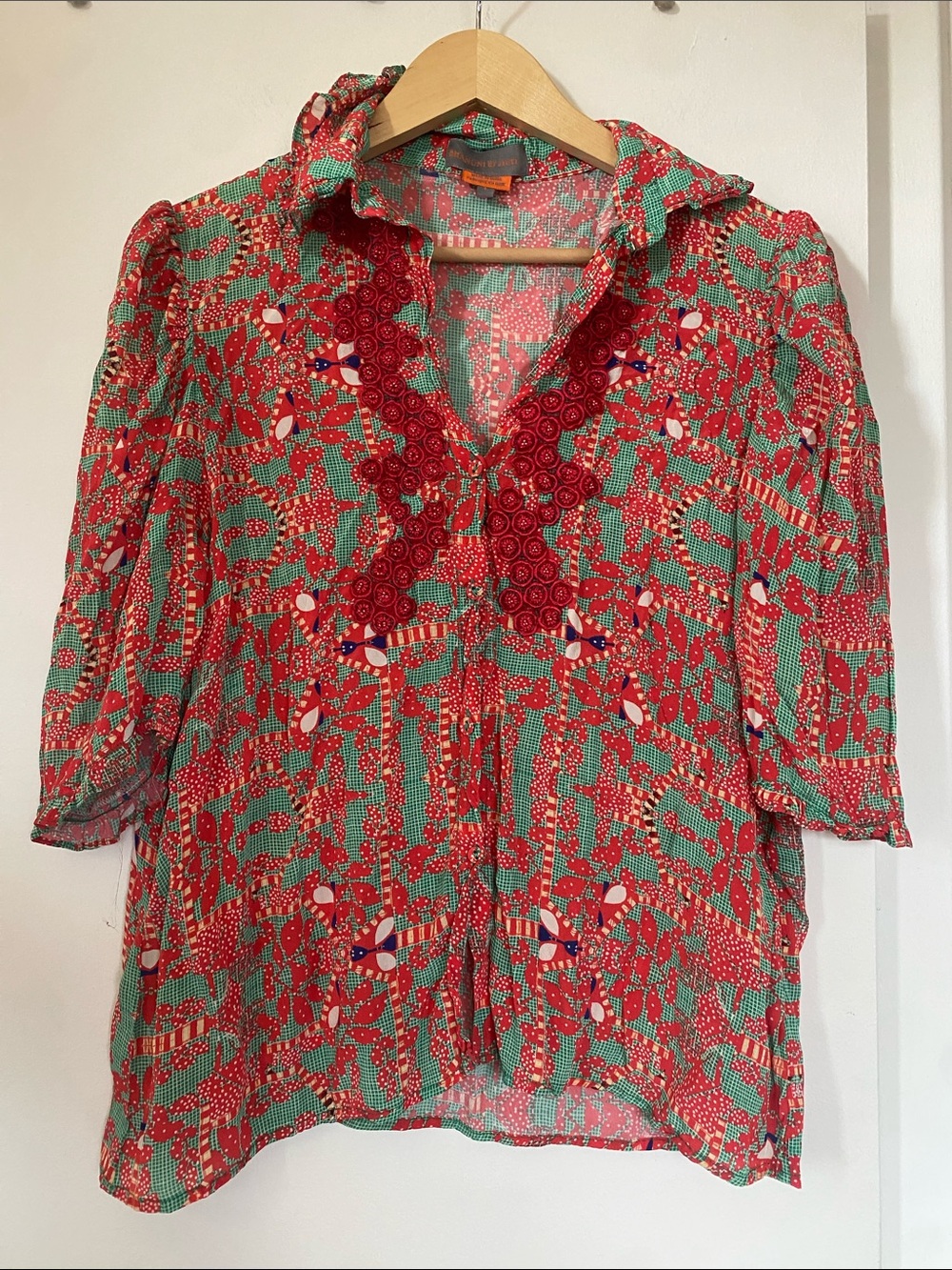 Red & Green Printed Ruffle Collar Blouse